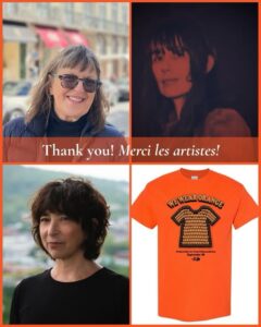 Colleen Collins, Chantal Neveu, and Erín Moure and an orange shirt collage. Smiling faces outdoors. The shirt reads "WE WEAR ORANGE" for every child matters. Text: "Thank you! Merci les artistes!" Tone: gratitude.
