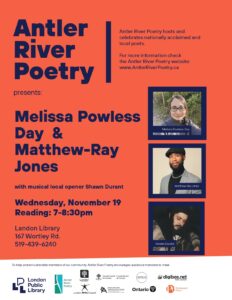 A Red Antler River Poetry Presents Poster for November 2025 Reading